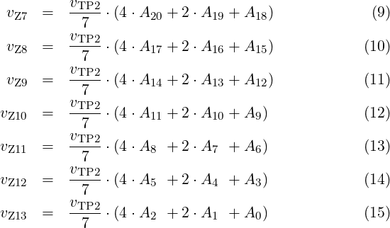 v = vTP2-⋅(4⋅A + 2 ⋅A + A ) (9) Z7 7 20 19 18 v = vTP2-⋅(4⋅A + 2 ⋅A + A ) (10) Z8 7 17 16 15 vZ9 = vTP2-⋅(4⋅A14 + 2 ⋅A13 + A12) (11) 7 vZ10 = vTP2-⋅(4⋅A11 + 2 ⋅A10 + A9) (12) 7 vZ11 = vTP2-⋅(4⋅A8 + 2 ⋅A7 + A6) (13) 7 vZ12 = vTP2-⋅(4⋅A5 + 2 ⋅A4 + A3) (14) 7 vZ13 = vTP2-⋅(4⋅A2 + 2 ⋅A1 + A0) (15) 7 
